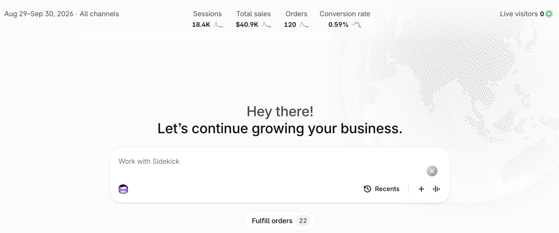 Shopify dashboard showing sessions, sales and orders